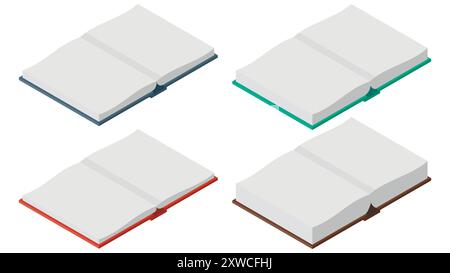 An array of four vibrant, open books is ideal for symbolizing themes related to reading and education Stock Vector