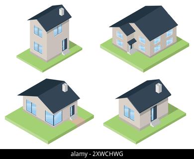 Set of houses isometric. Private house, rural buildings and cottages icons set. Vector illustration. Eps 10. Stock Vector