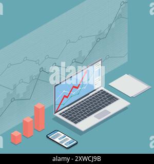 Concept of office work station. Isometric Laptop. Vector illustration. Eps 10. Stock Vector