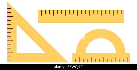 Explore essential yellow measuring tools like a ruler, protractor, and triangle for precise design work Stock Vector