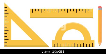 This is a comprehensive collection of essential stationery tools designed for precise measurement and geometry work Stock Vector