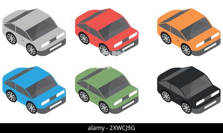 Isometric flat car. multi colored passenger cars . Vector illustration. Eps 10. Stock Vector