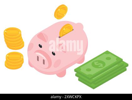 Illustration of a piggy bank with coins and cash representing saving money, investment, and financial management. Stock Vector