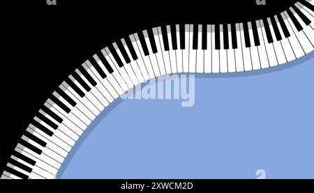 Creative illustration featuring a curved piano keyboard flowing over an abstract black and blue background. Stock Vector