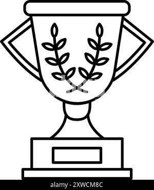 Simple line art a trophy cup with laurel wreath decorations. A black and white design of a victory, achievement, and excellence icon. For use in sport Stock Vector