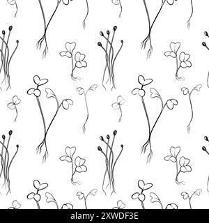 hand drawn vector seamless pattern with microgreens . Contour sprouts of watercress, mustard cress, onion and radish. Print for fabric, health food Stock Vector