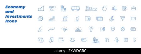 Economy and Investments outline icon set. Business financial and investor linear symbol collection. Finance and earnings modern logo and isolated badges. Industry and manufacturing signs. Eps Stock Vector