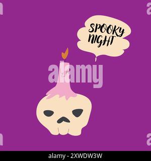 Cute halloweens skull with pink candle and speech bubble - spooky night. Stock Vector