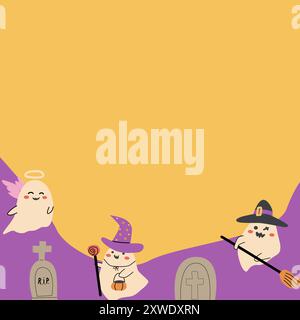 Cute childrens halloween background with funny characters. Pumkins and ghosts, skulls, fall leaves, speech bubbles. Stock Vector