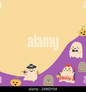 Cute childrens halloween background with funny characters. Pumkins and ghosts, skulls, fall leaves, speech bubbles. Stock Vector