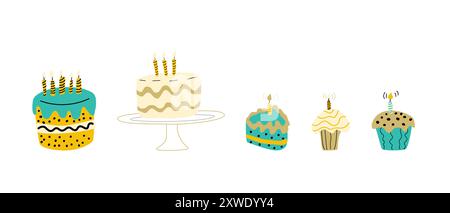 Cake doodle vector illustration with candles. Isolated object for celebration design. Anniversary bake. Stock Vector
