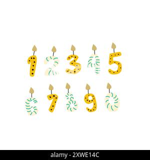 Doodle Candle numbers in hand drawn style with stripes and dots. Simple vector illustration. Stock Vector