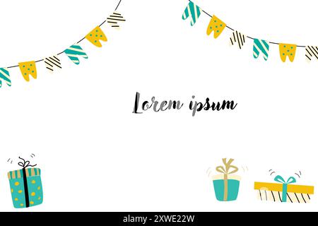 Hand drawn childrens birthday invitation card. Anniversary celebration design with golden color. Cute cake or cupcake with candle and gift. Stock Vector