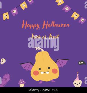 Childrens Halloween party cute card template. Cartoon characters pumkins in halloween holiday costume and spooky sweets. Cute monsters for autumn fall Stock Vector