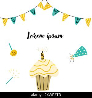 Hand drawn childrens birthday invitation card. Anniversary celebration design with golden color. Cute cake or cupcake with candle and gift. Stock Vector