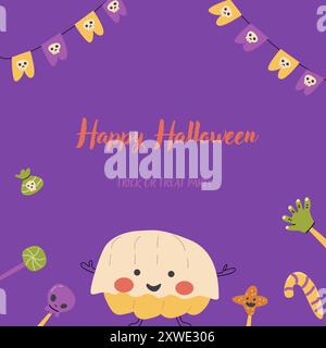 Childrens Halloween party cute card template. Cartoon characters pumkins in halloween holiday costume and spooky sweets. Cute monsters for autumn fall Stock Vector