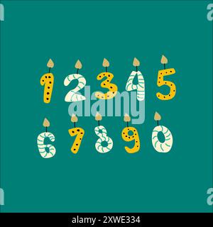 Doodle Candle numbers in hand drawn style with stripes and dots. Simple vector illustration on dark background. Stock Vector
