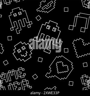 Pixel Y2k retro seamless pattern in 90s style. Trendy playful art. Octopus, smile, lips and Game over text in black and white colours. 8bit aesthetics, vector illustration. Naive Simple geometric form. Stock Vector