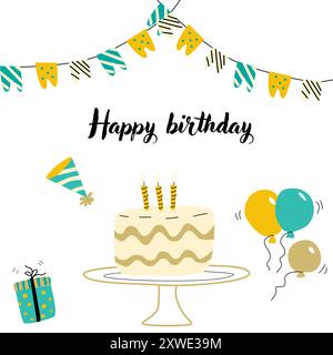 Hand drawn childrens birthday invitation card. Anniversary celebration design with golden color. Cute cake or cupcake with candle and gift. Stock Vector