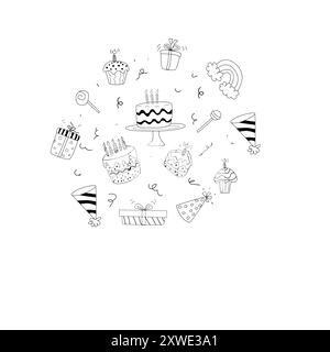 Birthday decorative elements bundle. Party objects collection. Doodle event decoration elements set with gifts, cakes, baloons, wine glasses. Can used Stock Vector