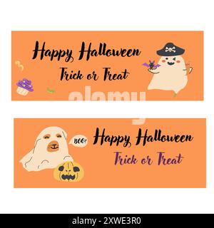 Halloween horizontal banners set. Childrens ghost illustrations in flat style. Happy Halloween day vector banners. Cute spooky characters in childish Stock Vector