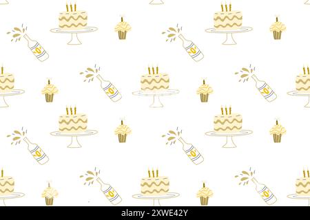 Doodle birthday celebration design. Seamless pattern with gifts, cakes with candles, holiday hats. For wrapping paper, greeting cards, wallpapers. Stock Vector
