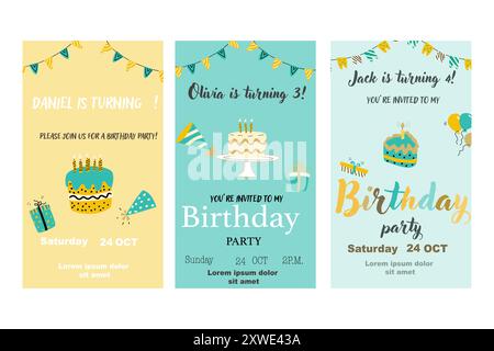 Hand drawn childrens birthday invitation card. Anniversary celebration design with golden color. Cute cake or cupcake with candle and gift. Stock Vector