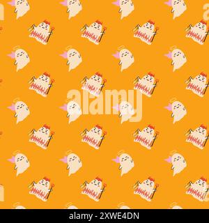 Childrens halloween pattern with cute character. , Ghost in halloween costume, skull and magic pot. Cute childish seamless pattern. Stock Vector
