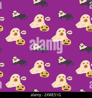Childrens halloween pattern with cute characters. Pumkins and pet- dog in halloween costume. Cute childish seamless pattern. Stock Vector