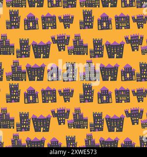 Childrens halloween pattern with cute spooky castles. Seamless endless fairy background. Stock Vector