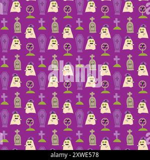 Childrens halloween pattern with cute characters. Pumkins and ghosts in halloween costumes. Cute childish seamless pattern. Stock Vector