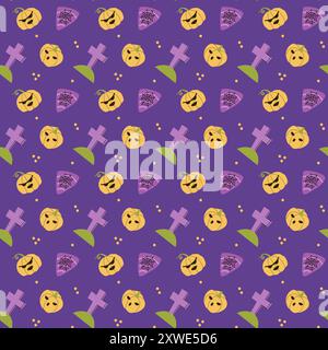 Childrens halloween pattern with cute character. , Ghost in halloween costume, skull and magic pot. Cute childish seamless pattern. Stock Vector