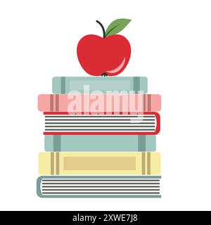 Illustration of red apple on a stack of books Stock Vector