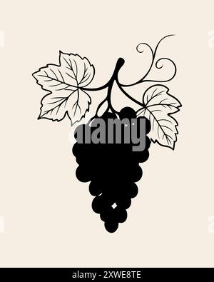 Silhouette of bunch grapes vine, on white background. Element design, logo, icon. Vector illustration Stock Vector