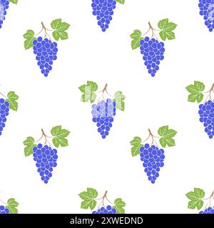 Grape bunch seamless pattern on white background, blue grape berries and leaves. Vector illustration Stock Vector