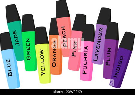 highlighter marker pen set flat vector illustration logo icon clipart isolated on white background Stock Vector