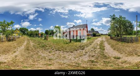 360 degree panoramic view of 360 hdri panorama near wooden home or homestead building in forest in abandoned village in full seamless spherical equirectangular projection, ready A