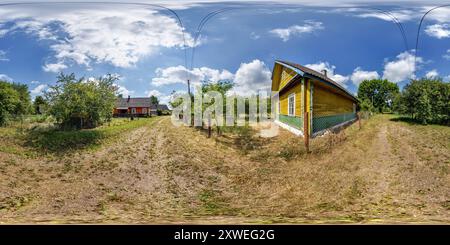 360 degree panoramic view of 360 hdri panorama near wooden home or homestead building in forest in abandoned village in full seamless spherical equirectangular projection, ready A