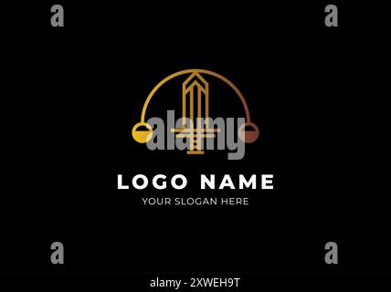 Logo Sword and Balance Law Firm Gold, Modern Luxury and Minimalsit Logo Design. Editable File Stock Vector