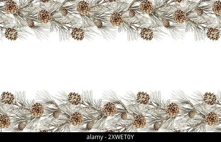 Paper Border Frame Red Watercolor winter greenery border with pine branches, red berries and ...
