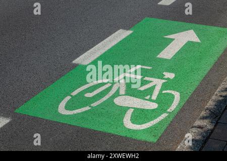 Green bicycle lane sign on asphalt Stock Photo