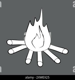 Camp fire simple icon Isolated on grey background. Caricature Vector bonfire with wood firewood. Contour Drawing Flame for Sticker pack, Card, Colorin Stock Vector