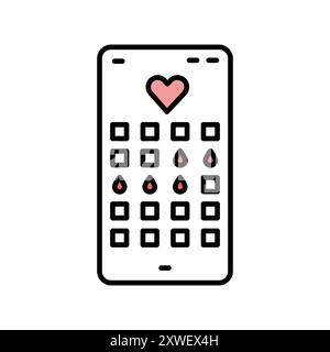 Menstrual calendar on phone line black icon. Sign for web page, mobile app, button, logo. Vector isolated button. Editable stroke. Stock Vector