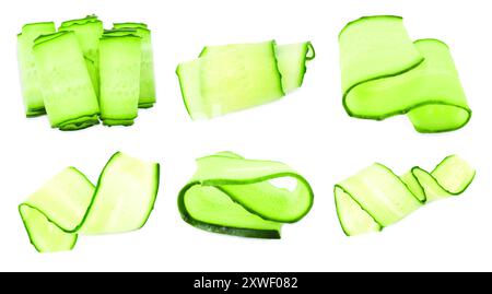 Thinly sliced cucumbers isolated on white, collage Stock Photo