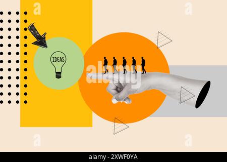 Woman hand with drawings of men on it pointing to a light bulb with the word idea inside it on a colored background Stock Photo