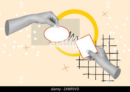 Woman hands holding blank speech bubbles connected by a line on a beige background with a yellow circle Stock Photo