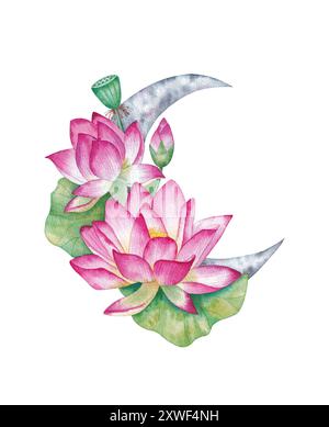 Pink lotus with leaves and moon.  Floral crescent moon. Esoteric signs and symbols. Hand drawn watercolor illustration isolated on white background. Stock Photo