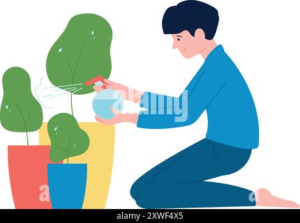 Guy cleaning houseplant with water spray. Gardening work Stock Vector