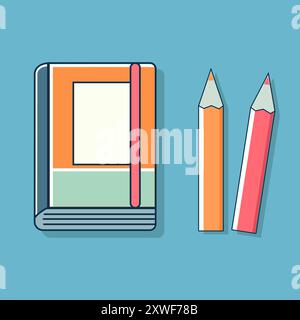 Thick school note pad and two pencils on blue isolated background. Flat illustration Stock Vector