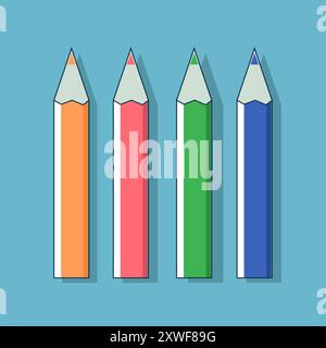 Four coloured pencils on a blue isaline background. Orange and red, green and blue. For school and drawing Stock Vector